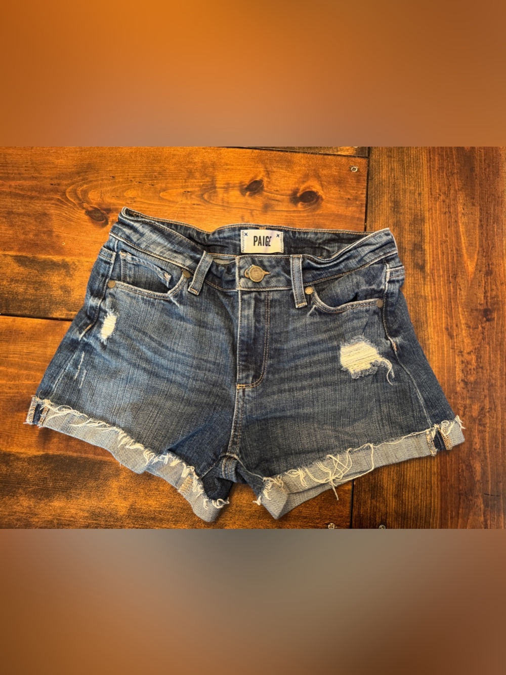PAIGE Blue Distressed Roll-Hem Denim Shorts